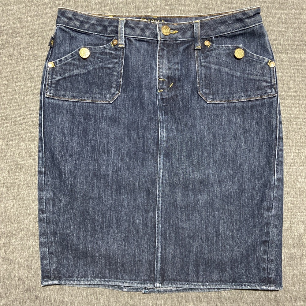 Rock & Republic Denim Mini Skirt‎ Dark Wash Indigo Gold Hardware Size 31 Waist